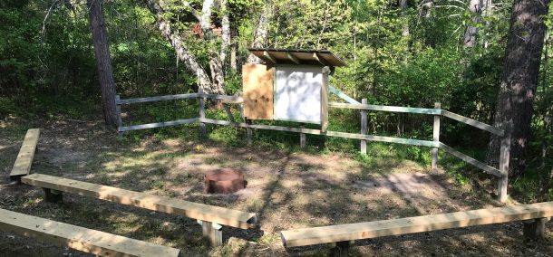 Hobson Memorial Forest renovated amphitheater and whiteboard.
