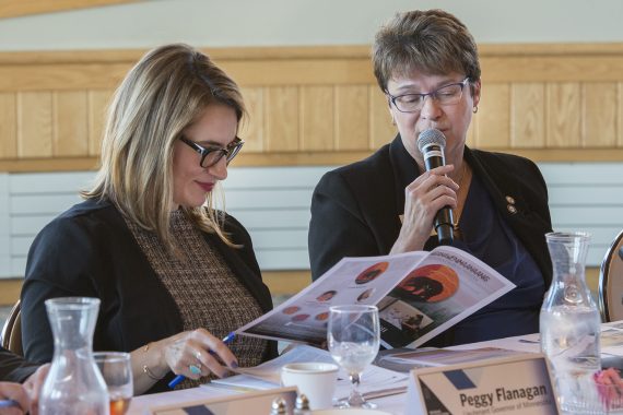 President Faith C. Hensrud shares information about Bemidji State with Flanagan.