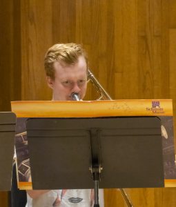 Tim Roehrich performing during Trombone Choir rehearsal.