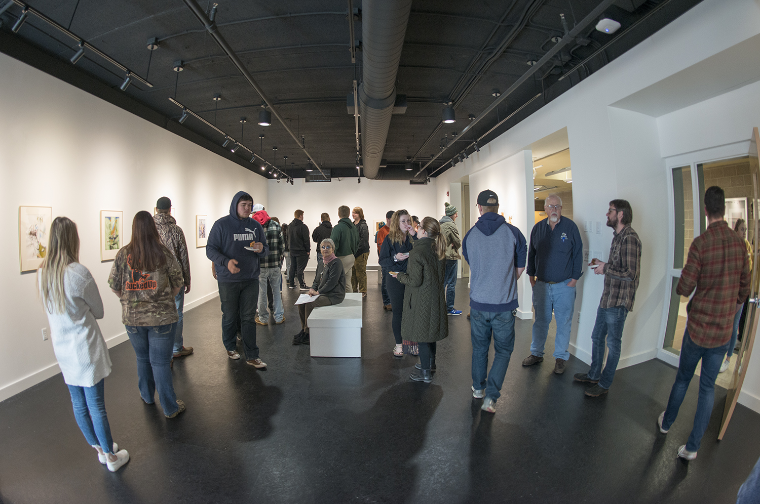 BSU students observing the paintings of Nikolay Aleksiev in the opening of the showcase.