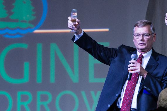 President Richard Hanson (center) celebrates the successful conclusion of BSU&rsquo;s Imagine Tomorrow fundraising campaign.