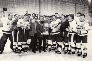 Legendary hockey coach R.H. &ldquo;Bob&rdquo; Peters celebrates BSU&rsquo;s 1984 national championship to cap an undefeated season.
