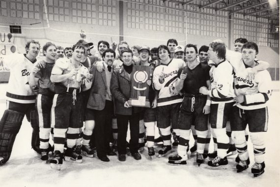 Legendary hockey coach R.H. &ldquo;Bob&rdquo; Peters celebrates BSU&rsquo;s 1984 national championship to cap an undefeated season.