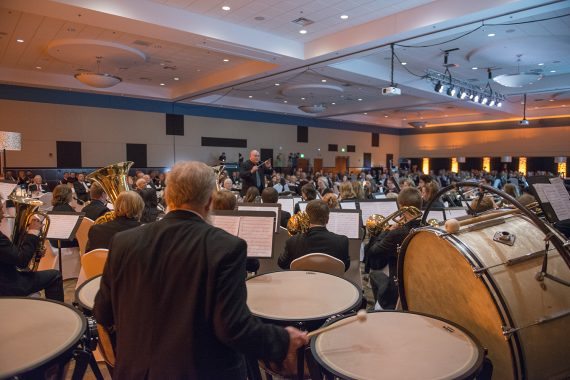 The BSU Wind Ensemble played &ldquo;Ningabiianose,&rdquo; a fanfare composed especially for BSU&rsquo;s centennial celebration, at the October Honors Gala.