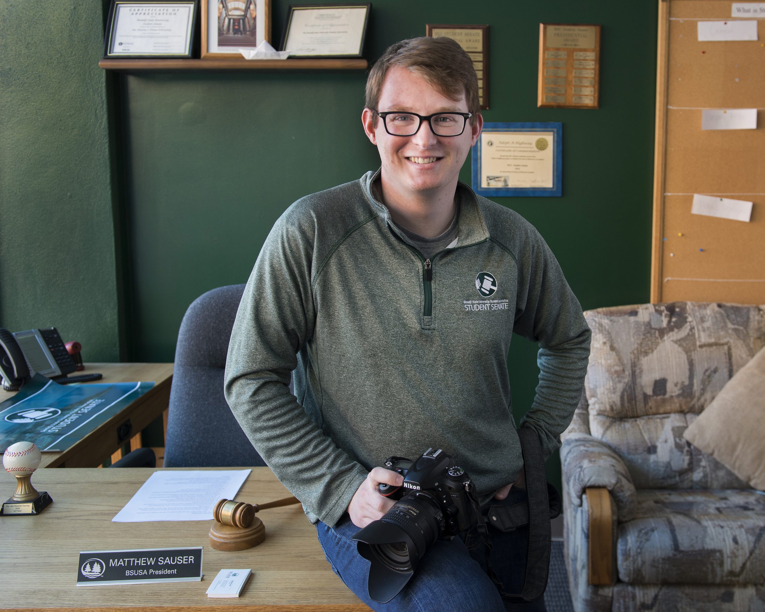 Matthew Sauser in the student senate office