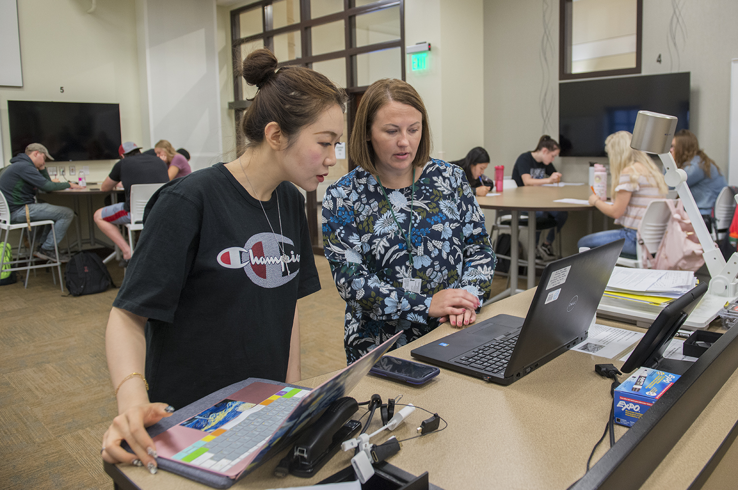 A business student learns from Dr. Angie Kovarik, assistant professor of business