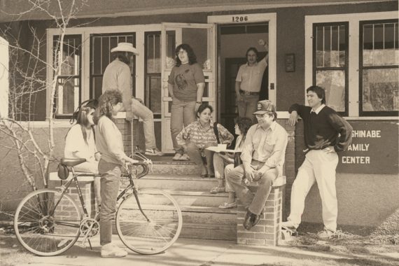 Socializing outside the Anishinaabe Family Center.