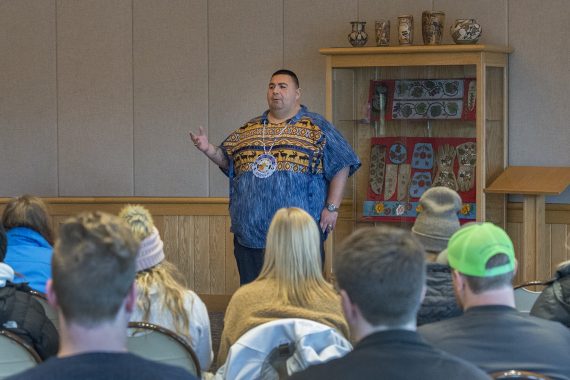 Charles Grolla, Ojibwe culture and language educator for the Cass Lake Bena school district, talked with students during Native American Heritage Month.