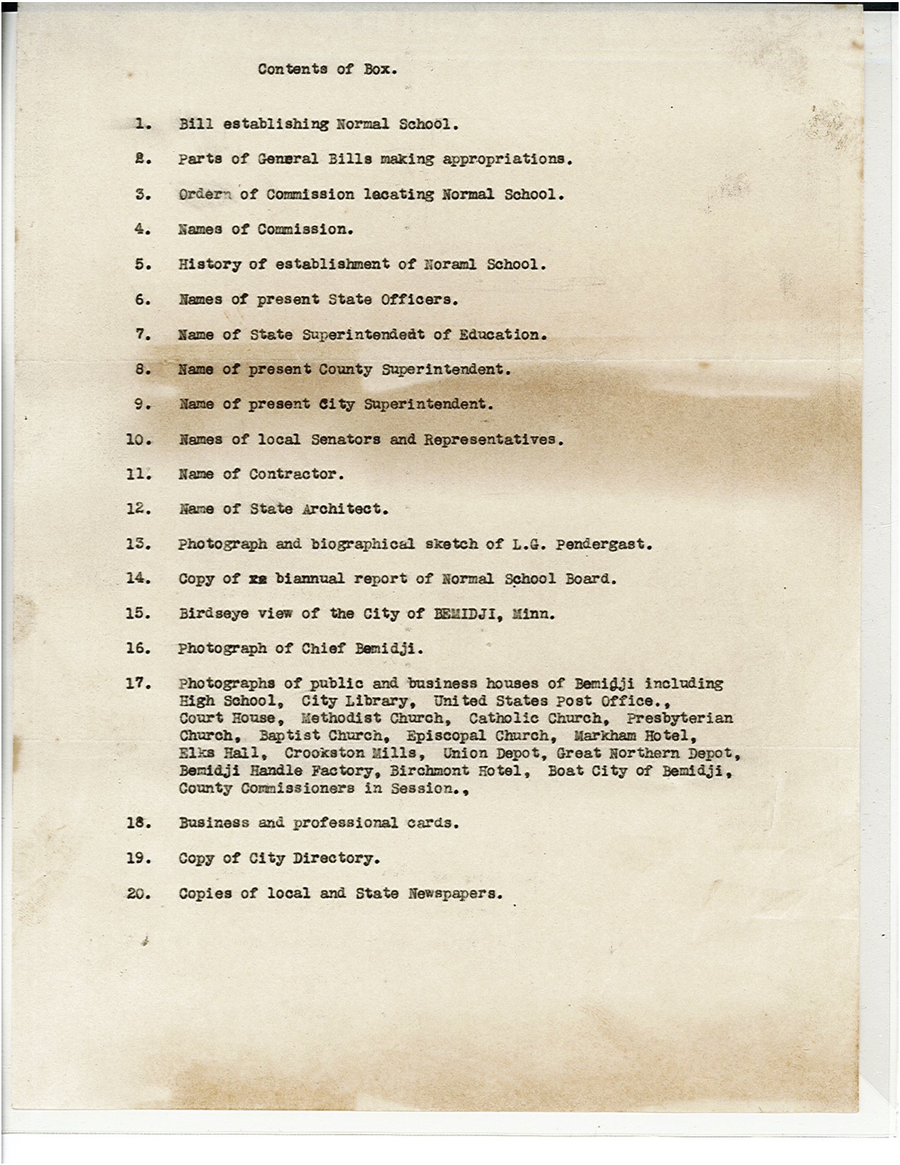 1919 Time Capsule Contents list