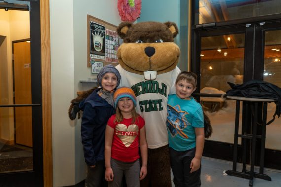 Bucky and three of his biggest fans during BSU's day of giving on Feb. 13.