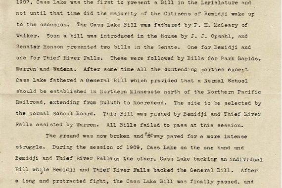 This document, called “History of Establishment,” was one of the many historical documents found in the 1918 time capsule left by Bemidji Normal School’s founders in the Deputy Hall cornerstone.