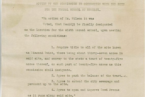 This memo on State of Minnesota Department of Education letterhead, marked “COPY” and dated July 18, 1913, officially established Bemidji as the site of Minnesota’s sixth Normal School.