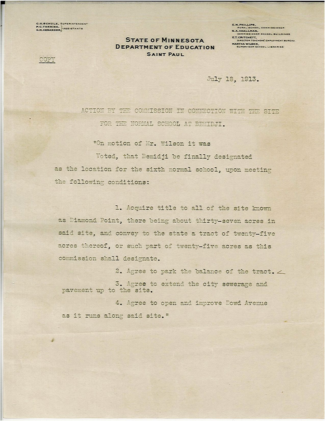 This memo on State of Minnesota Department of Education letterhead, marked “COPY” and dated July 18, 1913, officially established Bemidji as the site of Minnesota’s sixth Normal School.