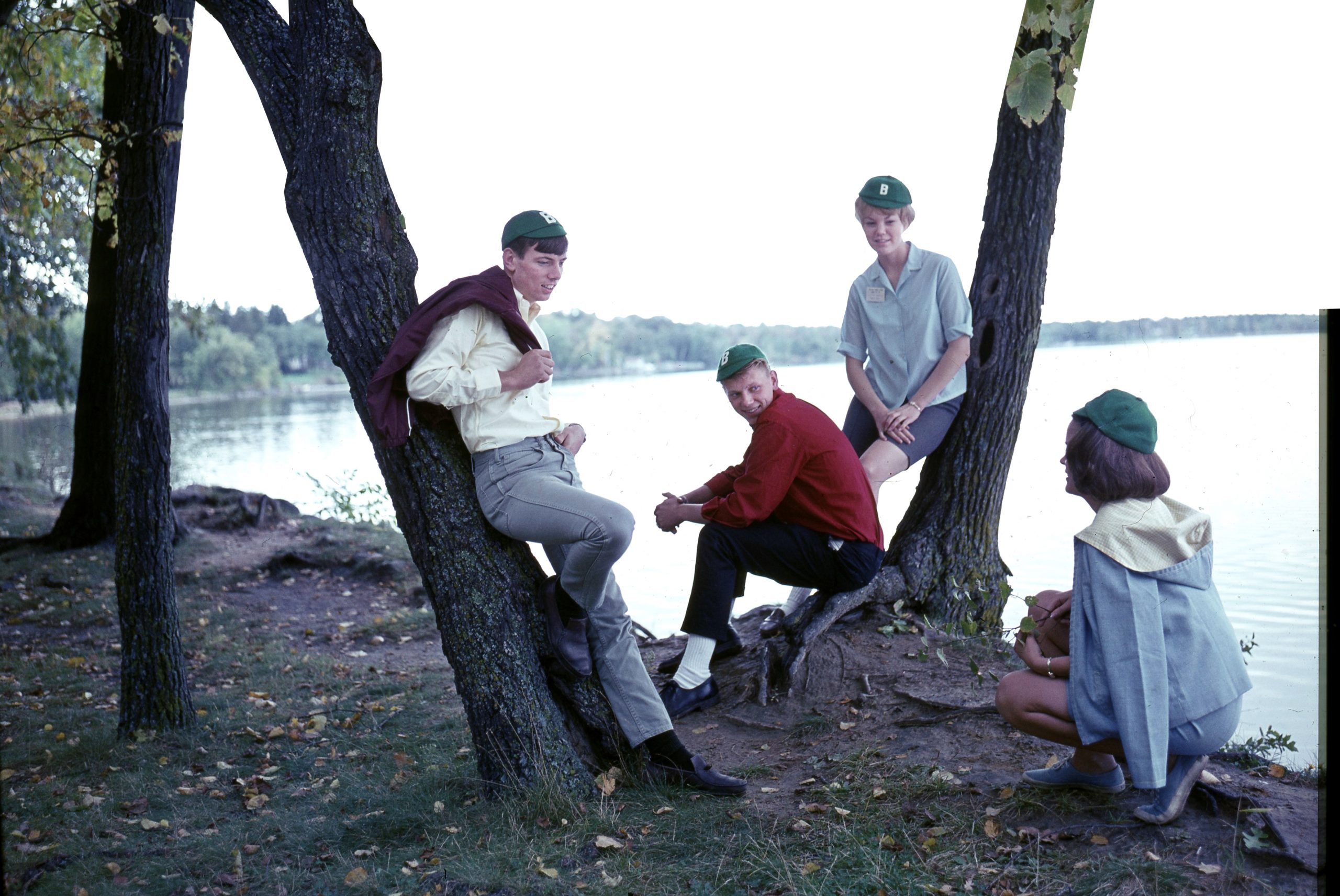 Freshman beanies on display by Lake Bemidji, 1970s.