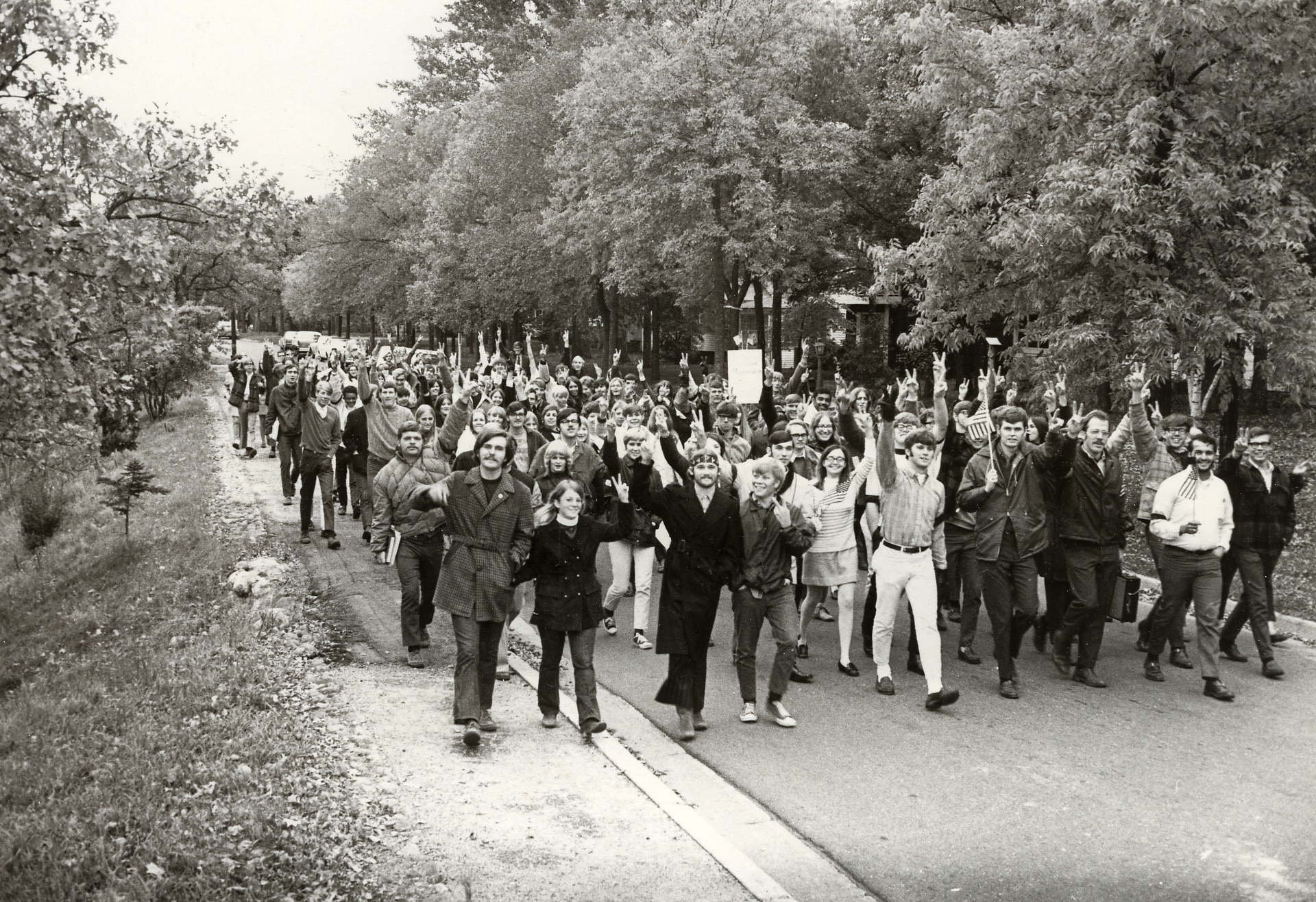 Students protest the Vietnam War with a march through downtown Bemidji.