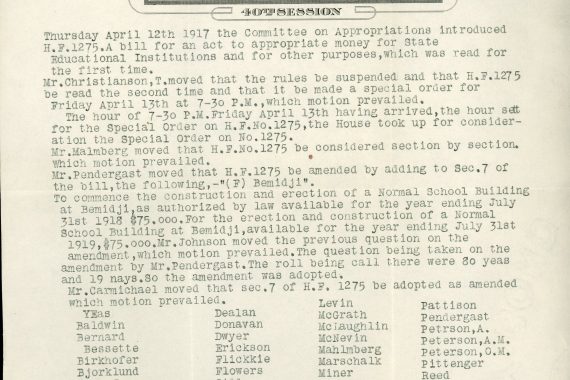 House of Representatives State of Minnesota House of Representatives 40th session motion by L.G. Pendergast to include Bemidji in the name of the HF1275 bill.