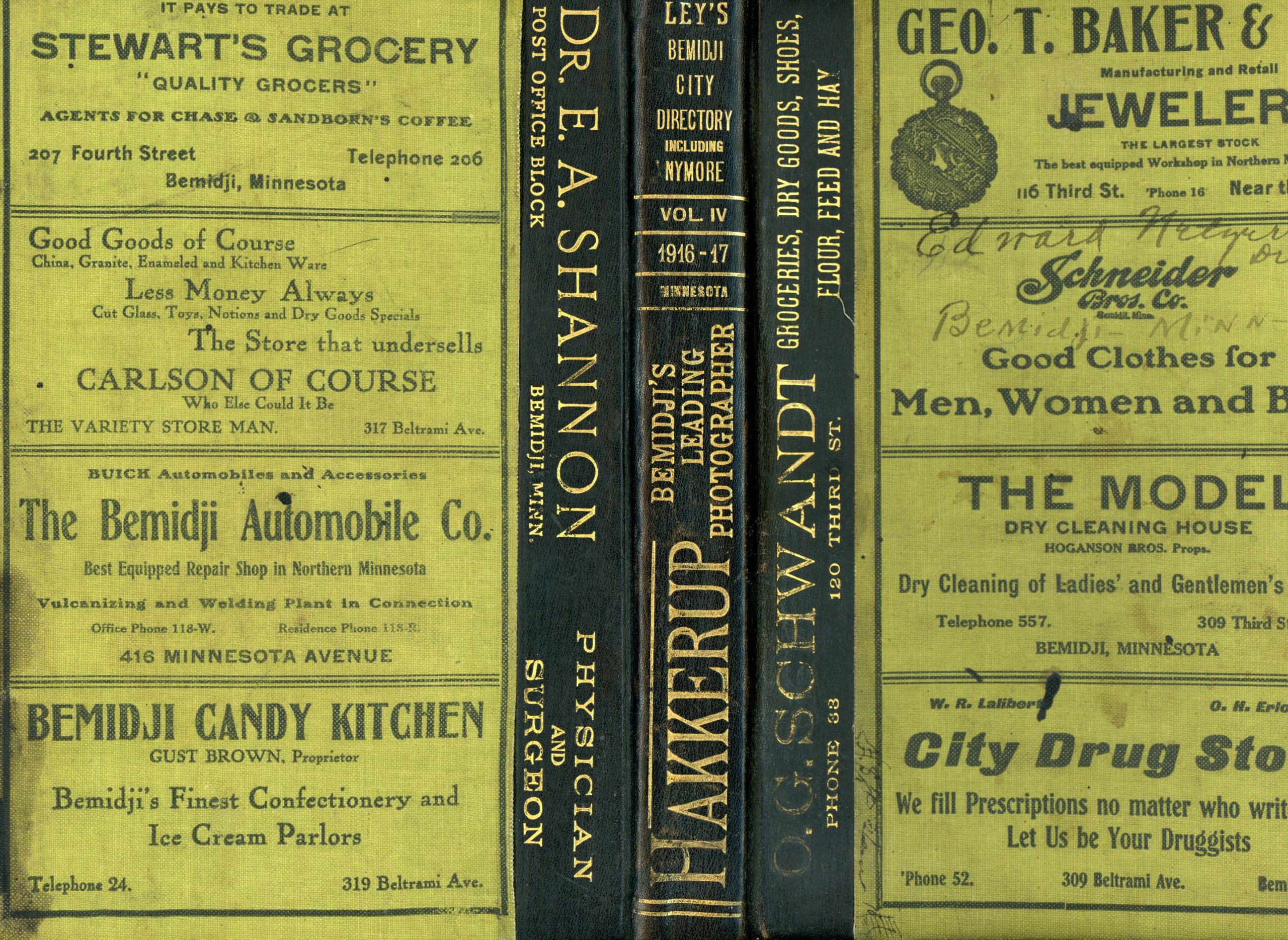 Ley’s Bemidji City Directory Including Nymore Vol IV, 1916-1917, Minnesota. Property of: Edward Netzer Drugs, Bemidji, Minn.