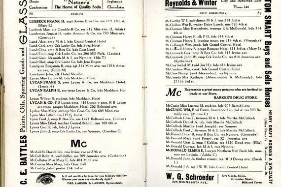 Ley’s Bemidji City Directory Including Nymore Vol IV, 1916-1917, Minnesota. Property of: Edward Netzer Drugs, Bemidji, Minn.