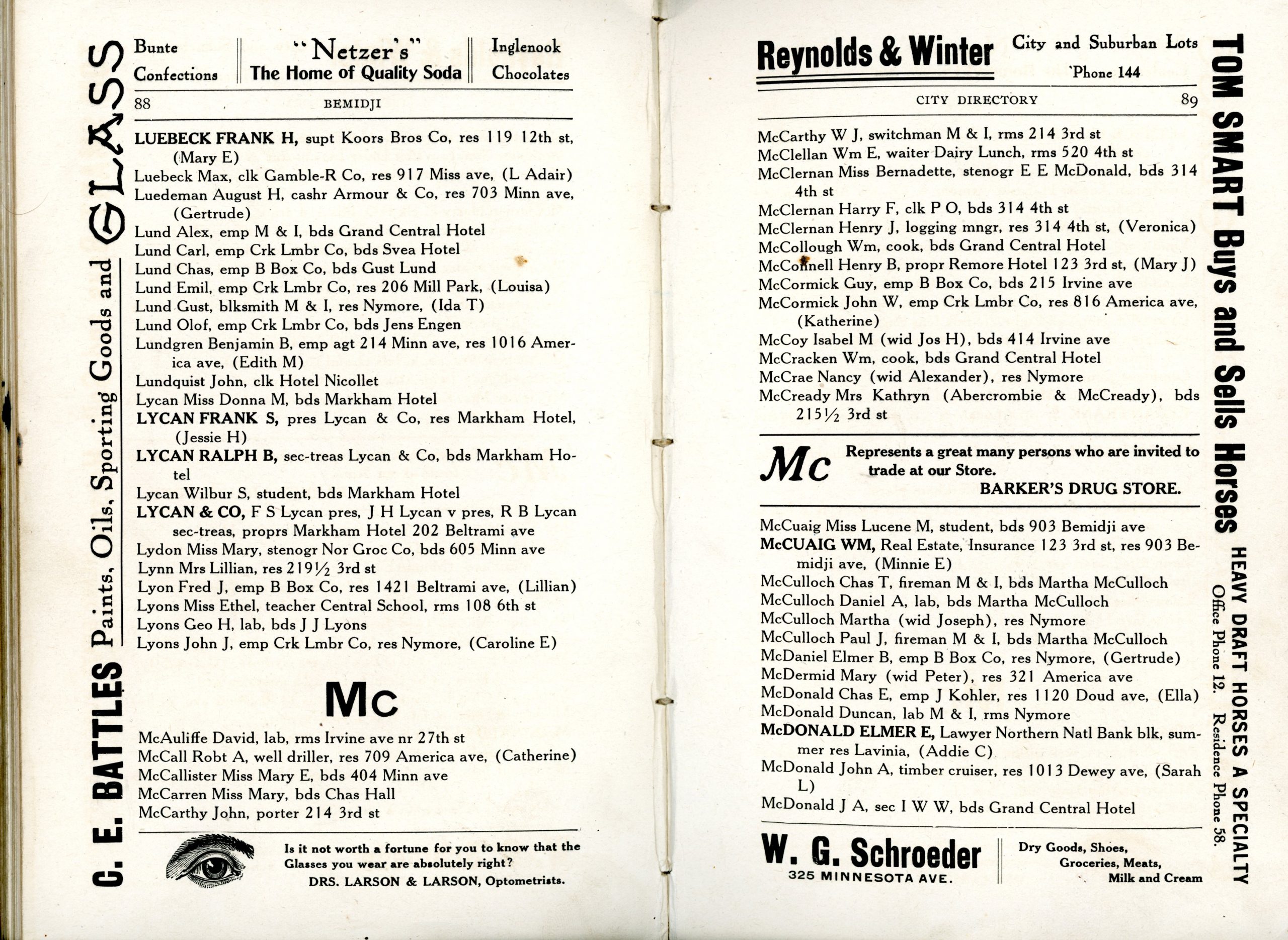 Ley’s Bemidji City Directory Including Nymore Vol IV, 1916-1917, Minnesota. Property of: Edward Netzer Drugs, Bemidji, Minn.