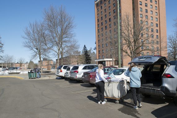 On March 30, BSU students packs their vehicle and prepare to leave campus.