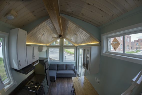 Bemidji State University tiny house Ceiling and wall pine 1 x 6, tongue and groove planks with white-wash stain & polyurethane finish