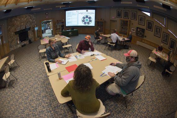 World cafe attendees discussing resiliency indicators