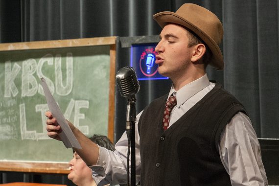 Blake Staines, a senior liberal education and psychology major, narrating ”The Old Maid and the Thief” at Bemidji State University