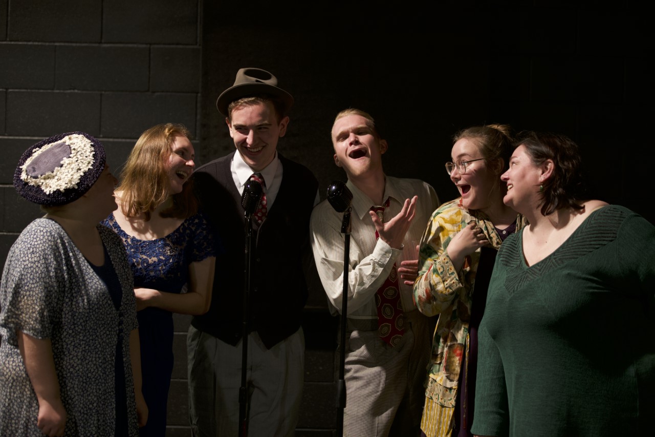 Bemidji State Students Emily Max, Bria Halvorson, Blake Staines, Levi Capesius, Emily Bergeron and Traci Schanke prepare to perform the Old Maid and the Thief radio opera
