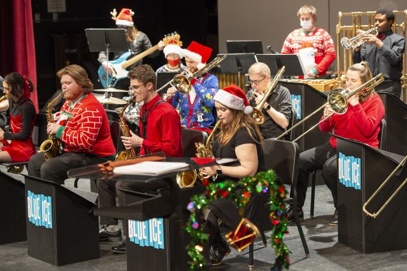 Bemidji State musicians dressed in holiday apparel performing at the university's annual Jingle Pops concert