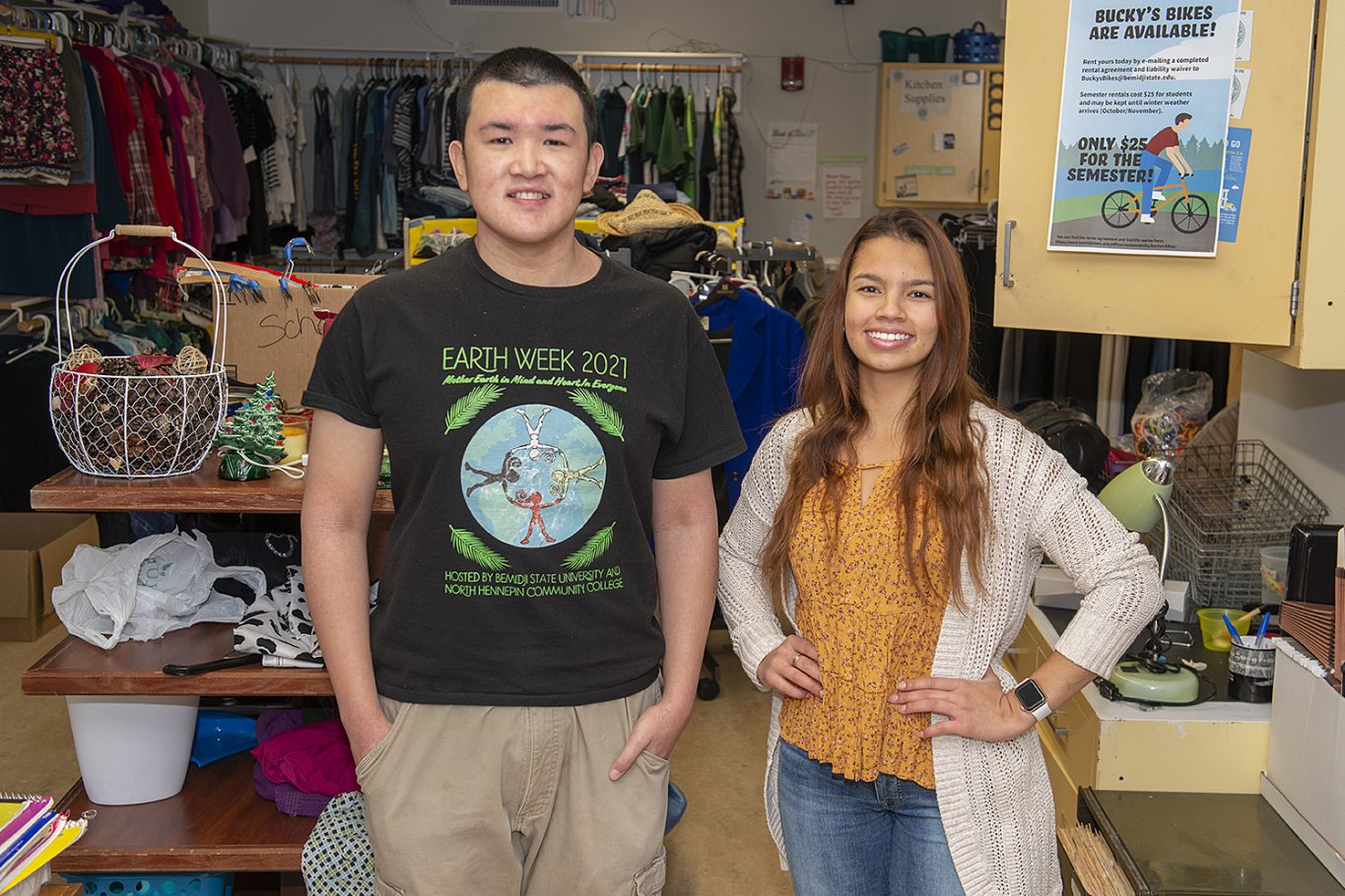 Intriago and Ng posing for the camera in the Bemidji State campus FreeStore