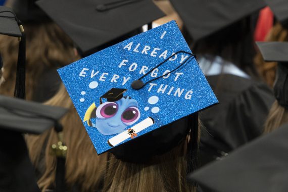 Bemidji State Class of 2022 graduation cap that says "I already forgot everything" with an image of Dory from Finding Nemo