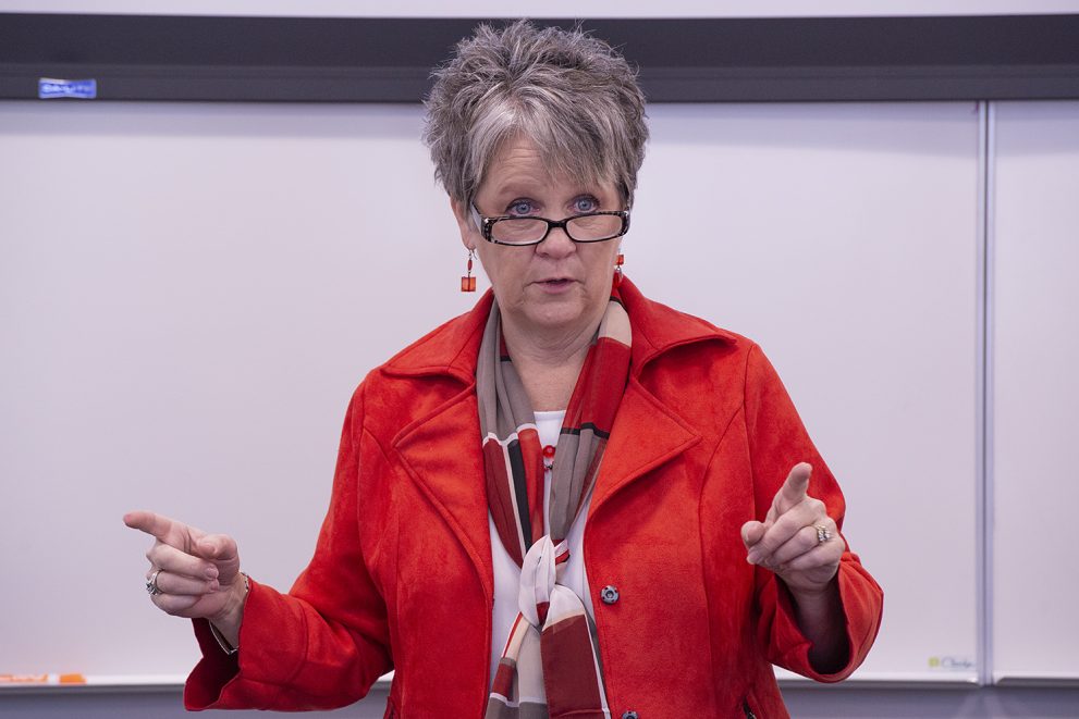 Dr. Donna Pawlowski, professor of communication studies, instructing a family communication course at Bemidji State