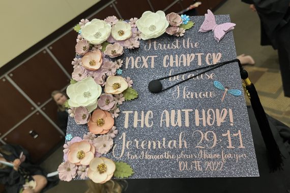 Bemidji State Class of 2022 graduation cap that says "Trust the next chapter because I know the author! Jeremiah 29:11"