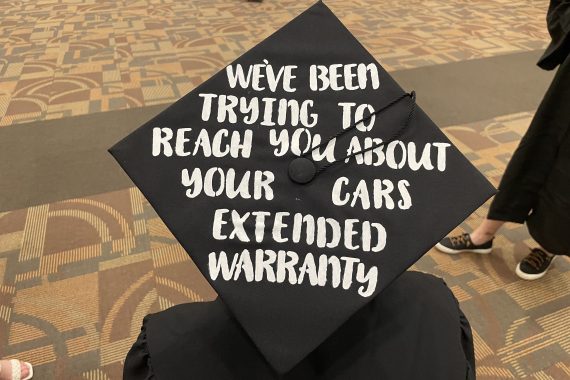 Bemidji State Class of 2022 graduation cap that says "We've been trying to reach you about your car's extended warranty"