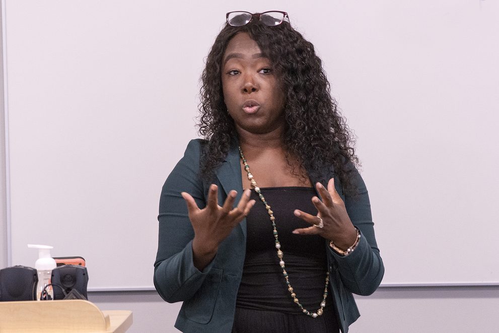 Jartue McCoy leads an educational activity at the special education conference on July 21