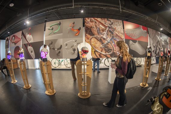 A BSU student looks at the works created by Steve Sundahl as part of the "Down the Rabbit Hole" exhibit in the BSU Talley Gallery