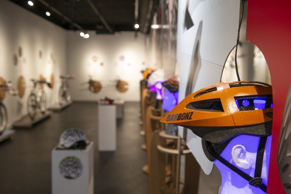 A bicycle helmet design created by Steve Sundahl as part of the "Down the Rabbit Hole" exhibit