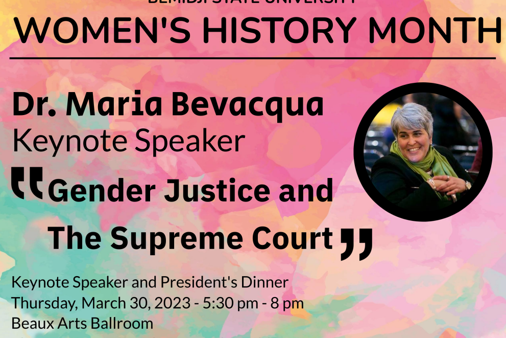 A informational graphic with details of BSU's Women's History Month keynote presentation and dinner on March 30