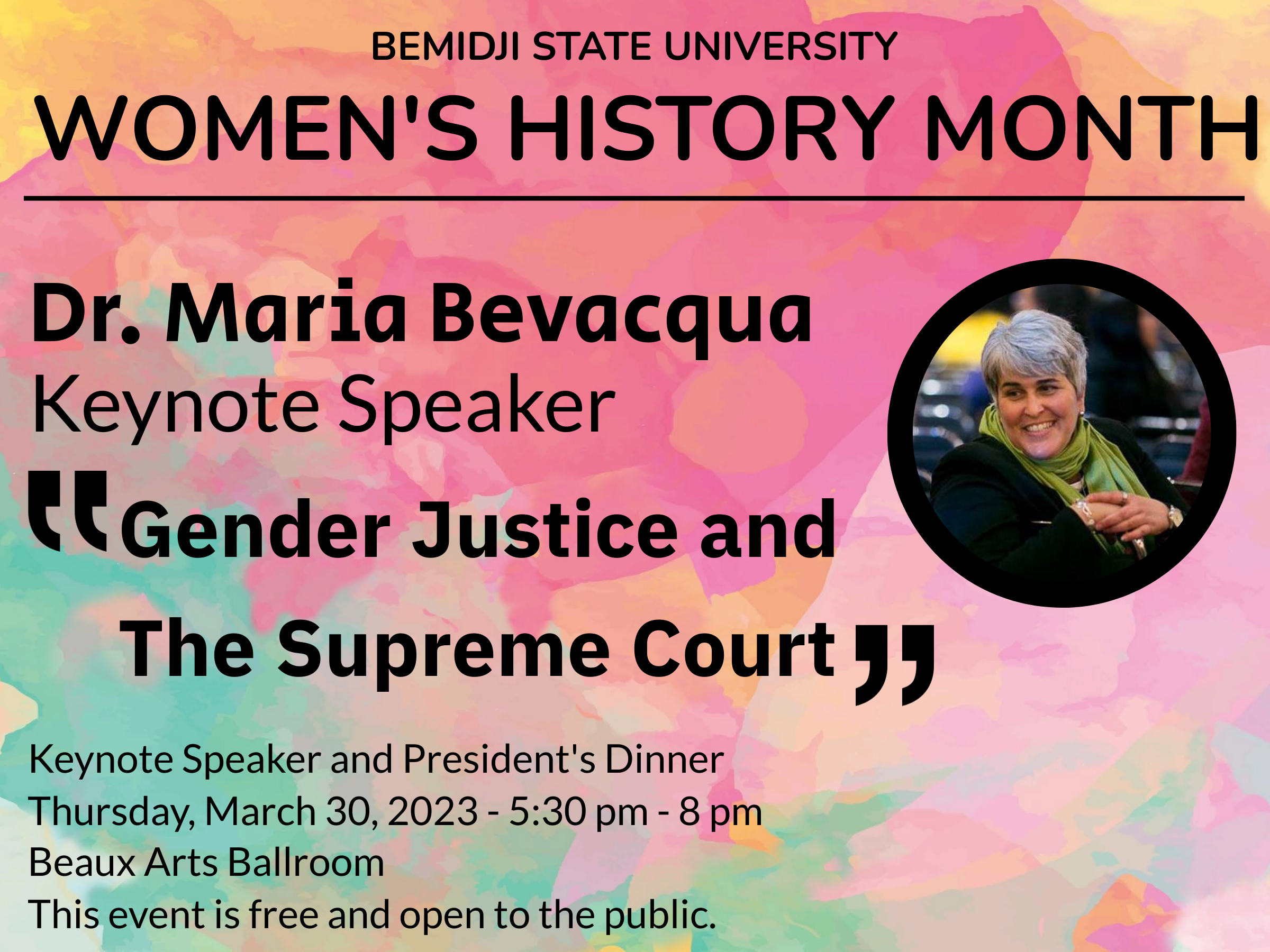 A informational graphic with details of BSU's Women's History Month keynote presentation and dinner on March 30