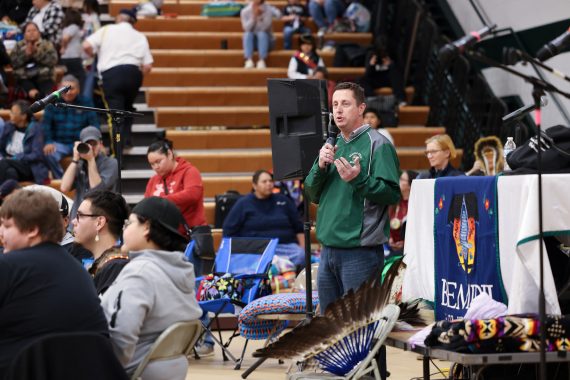 President John Hoffman speaks to the crowd during BSU's 50th Powwow