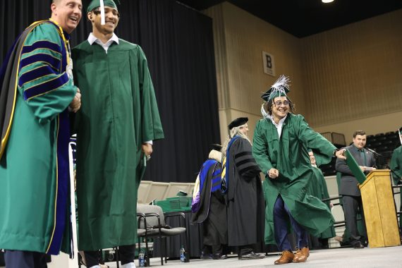 A BSU student dances across the stage at the Sanford Center