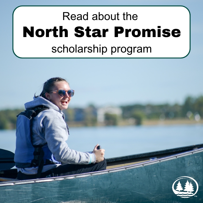 A girl in a canoe on a lake with "Read about the North Star Promise scholarship program" in a bubble above her