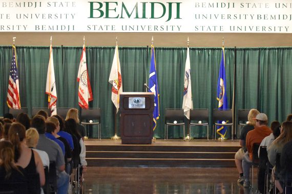 The stage for BSU's 2023 Convocation ceremony in Beaux Arts Ballroom.