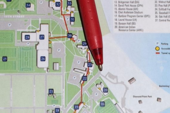 A map of campus with a red line showing the route that the access allies tour would take