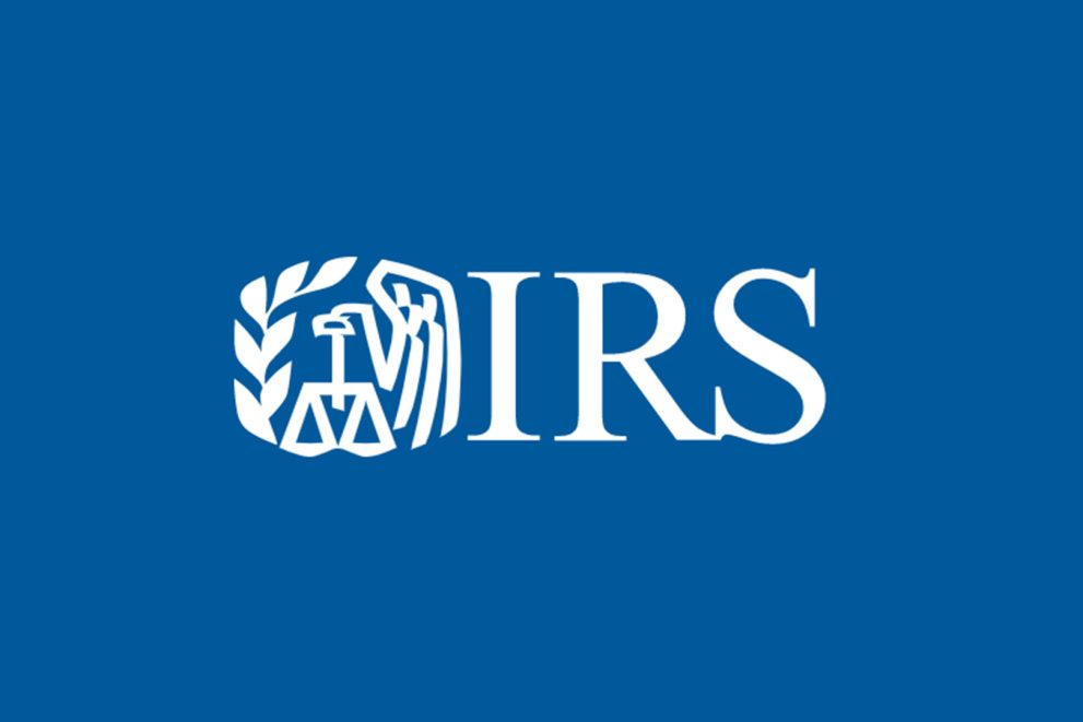 White IRS logo on a blue background
