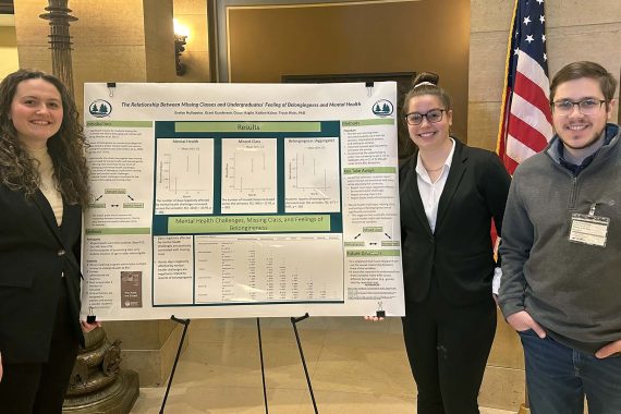 BSU students Evelyn Hullopeter, Grace Haglin and Grant Gunderson with their research poster.