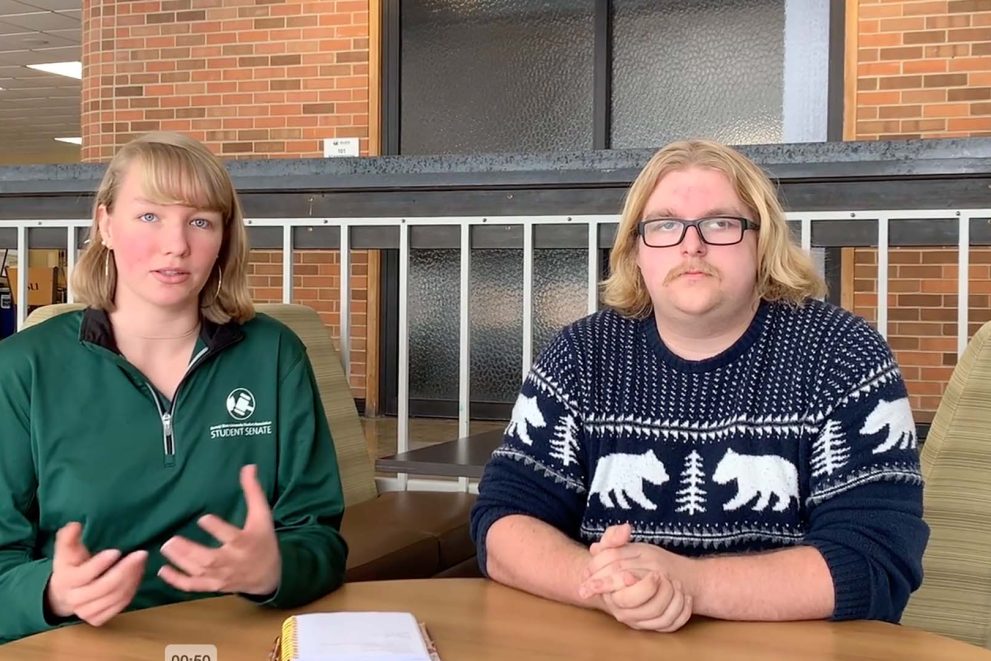 BSU Student Senate president Sarah Kessler on the left, and vice president Darby Bersie on the right, are being interviewed in the dining area of the Hobson Memorial Union