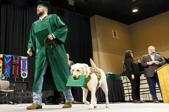 BSU graduate in cap and gown crosses the stage with his service dog. The dog has his own diploma cover in his mouth.
