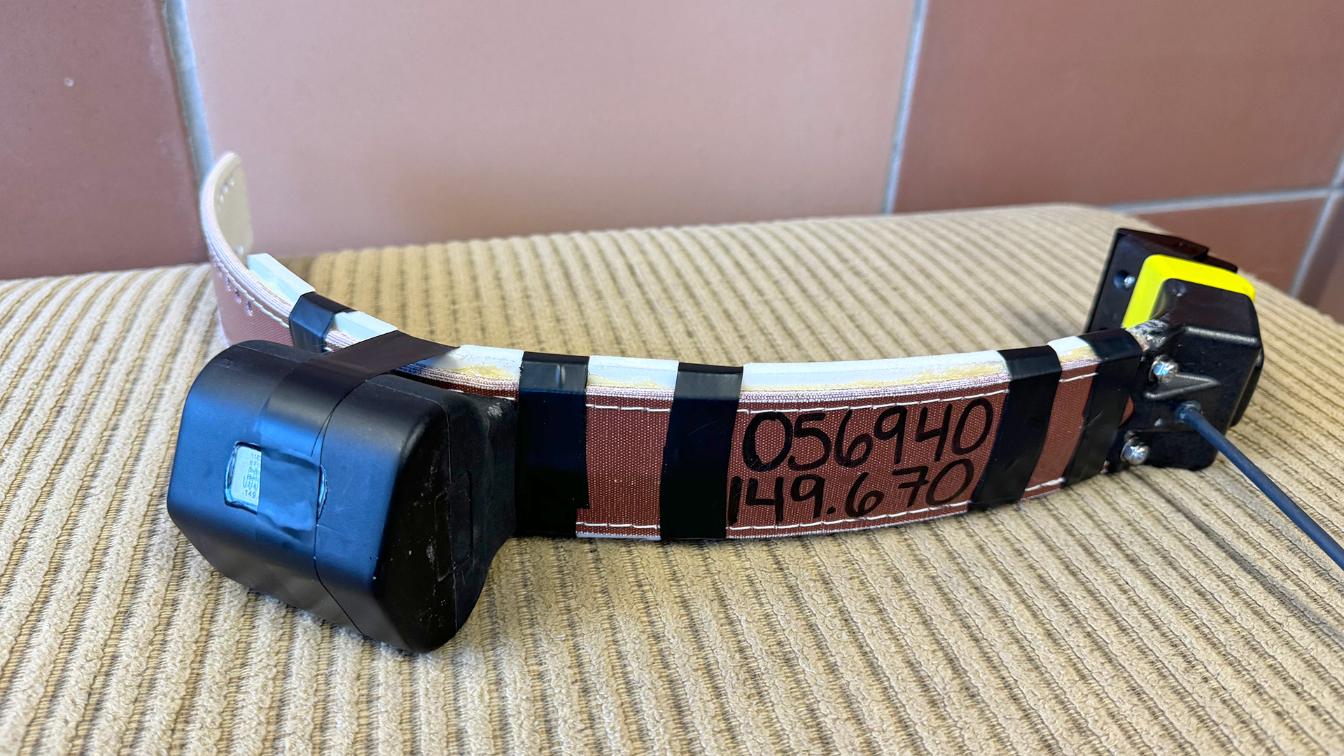 The Bemidji deer survey used Iridium G5-2D collars; the numbers on the side represent the radio frequency and serial number for each collar