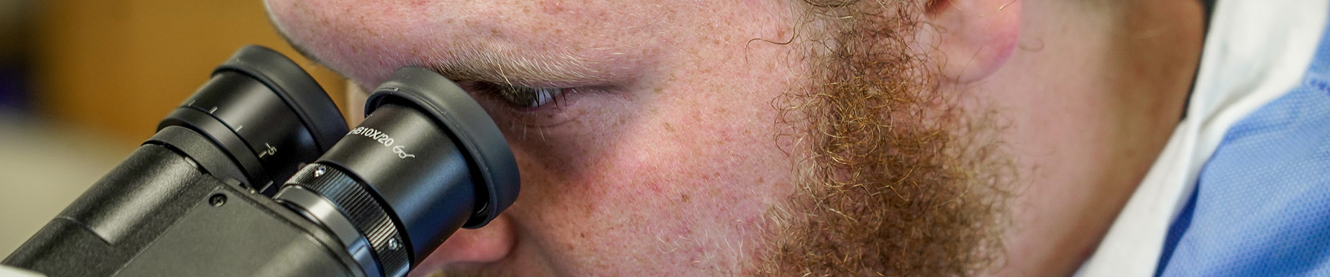 A closeup of a student with a red beard looking into a microscope